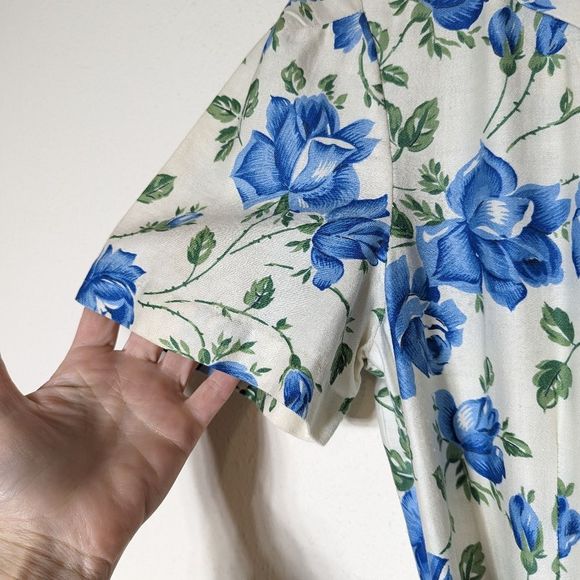 SOLD Vintage 50s Handmade Blue Floral Print Midi Maxi Wrap Dress Short Sleeve - Picture 9 of 16